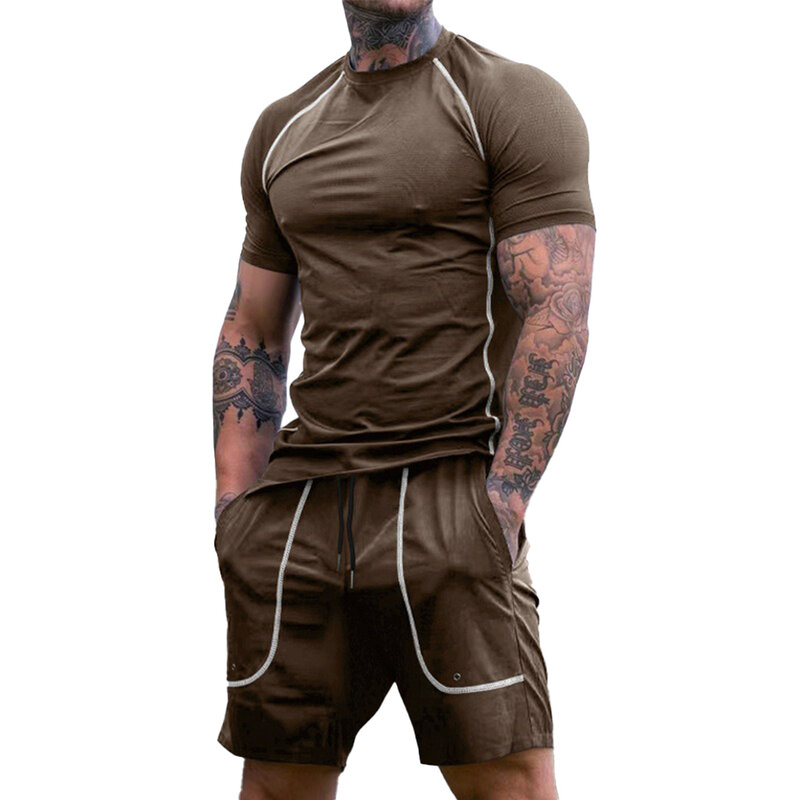 Pantaloncini per le vacanze quotidiane T-Shirt tuta Set Tee Casual Colorblock Mens O collo manica corta maschile elegante