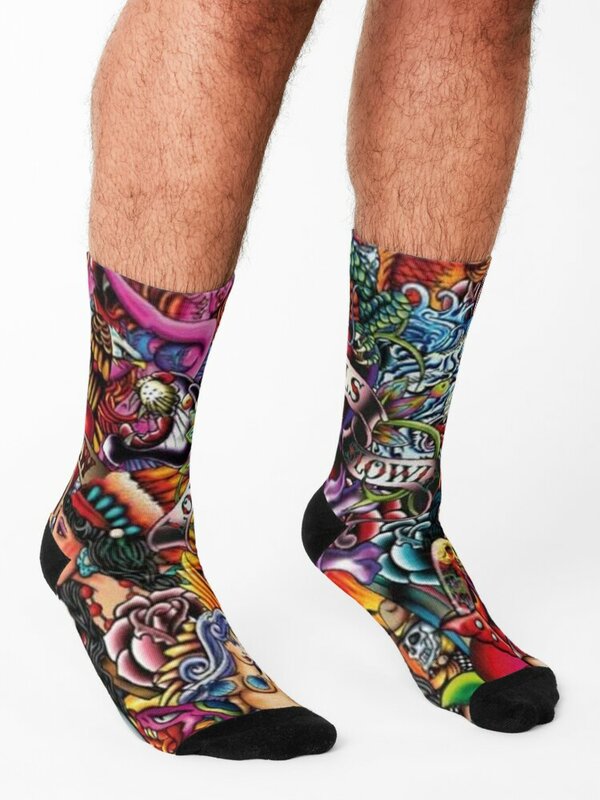 Носки с коллажем для татуировок модные подарки на день Святого Валентина хлопковые зимние мужские носки для женщин