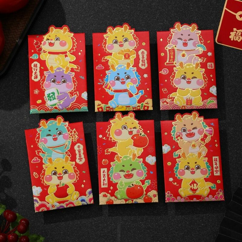 Mini Cute Cartoon Red Packet, Handmade 3D Print Red Envelope, Presentes de Aniversário, Dragão, Tradicional, Mini, 6pcs por conjunto