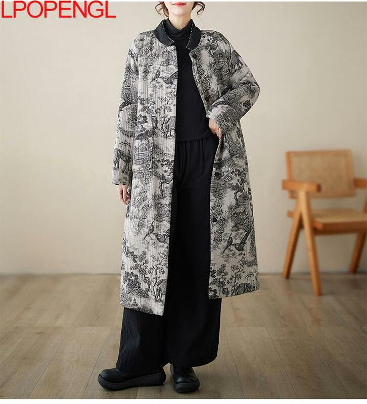 女性のためのレトロなプリントシングルブレストジャケット,厚くて暖かい,中国風,綿の服,長袖,冬