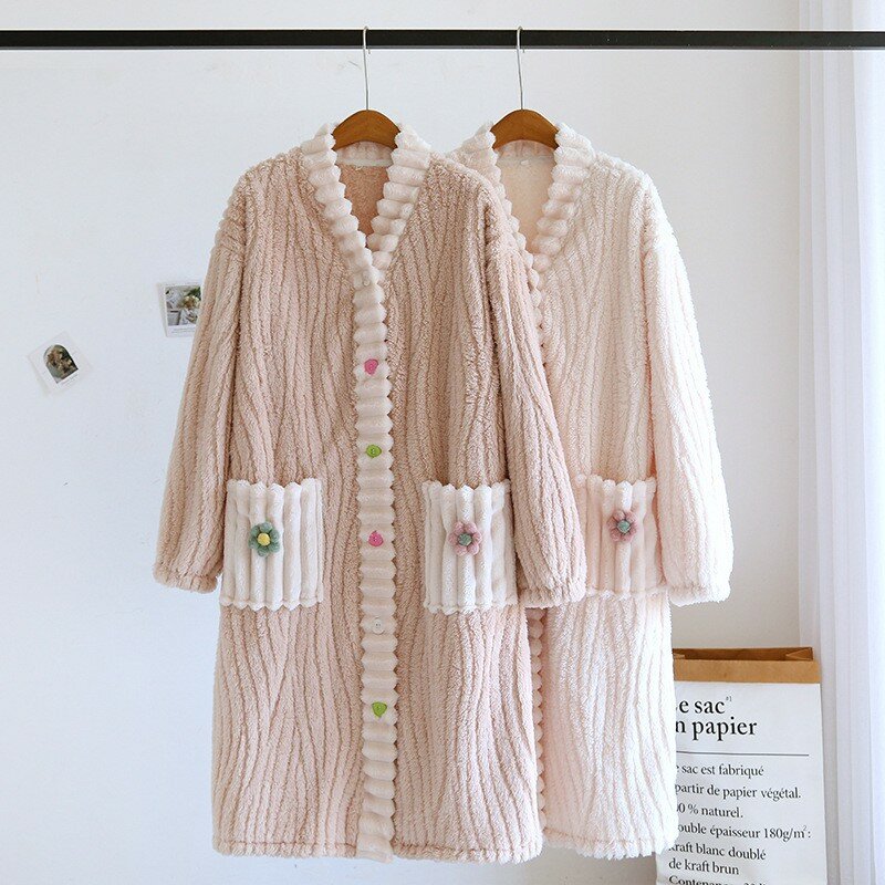 Осенне-зимняя новая теплая пижама из кораллового флиса, одежда для сна, Женская Толстая Пижама, фланелевая свободная версия, зимняя одежда для сна с V-образным вырезом