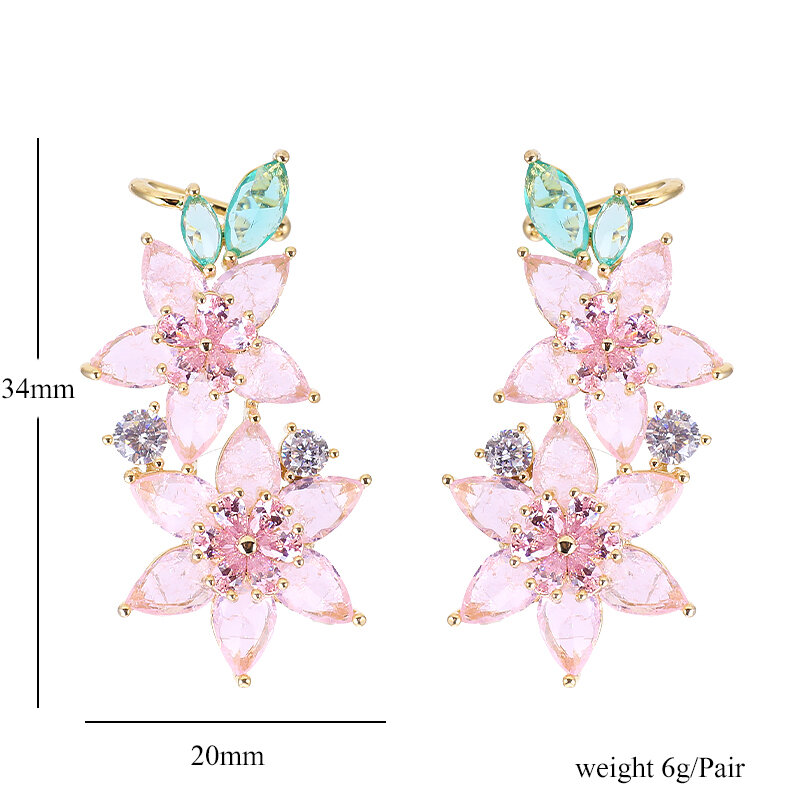 Pendientes de circonia cúbica para mujer, aretes elegantes con piedra de hielo y flores, color rosa, AAA
