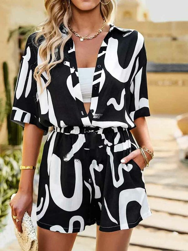 Casual Beach Holiday Loose Shirt Short Sets Bohemian Geometric Print Two Piece Set For Women Summer Outfits For Women 2023 