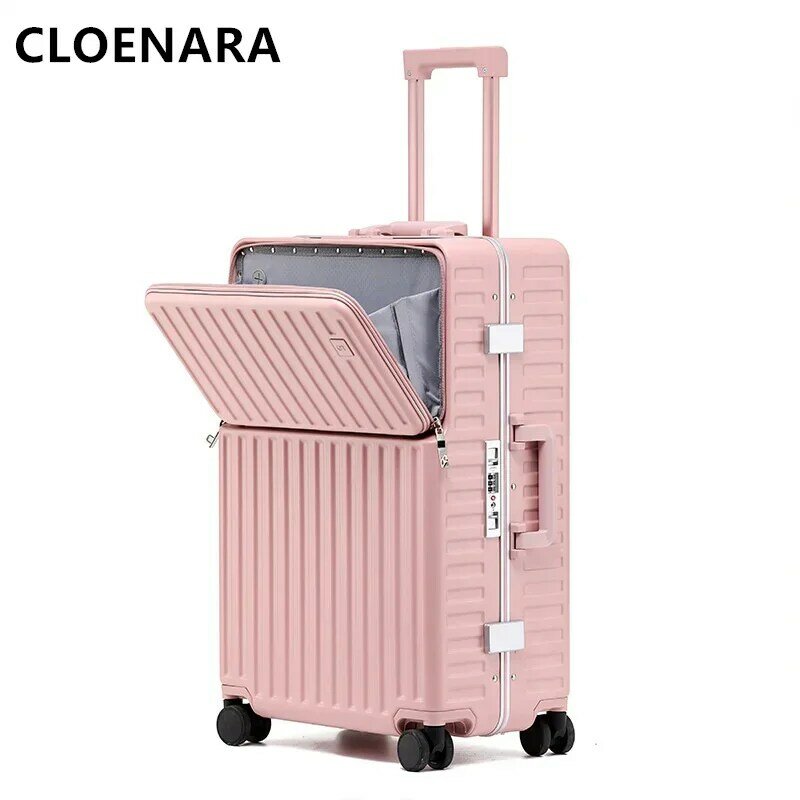 COLENARA PC Luggage Front Opening Aluminum Frame Trolley Case Men's Boarding Box 20"24 Inch Multi-function USB Charging Suitcase