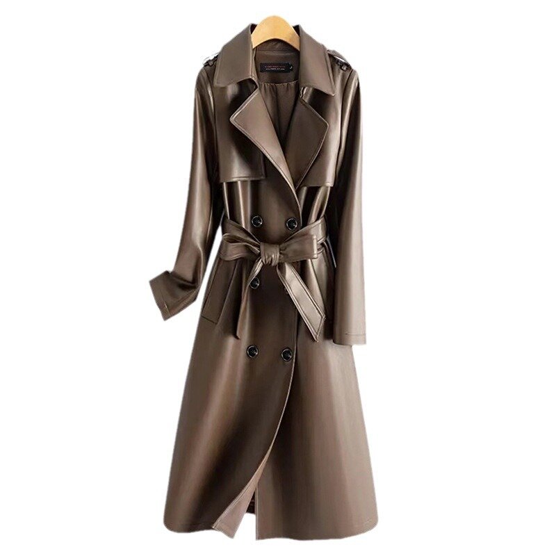 Pinkyisun-女性用の黒い合成皮革のPuコート,長いベルト,ダブルブレスト,スリムなレザージャケット,春のアウター,秋,新しい,2022