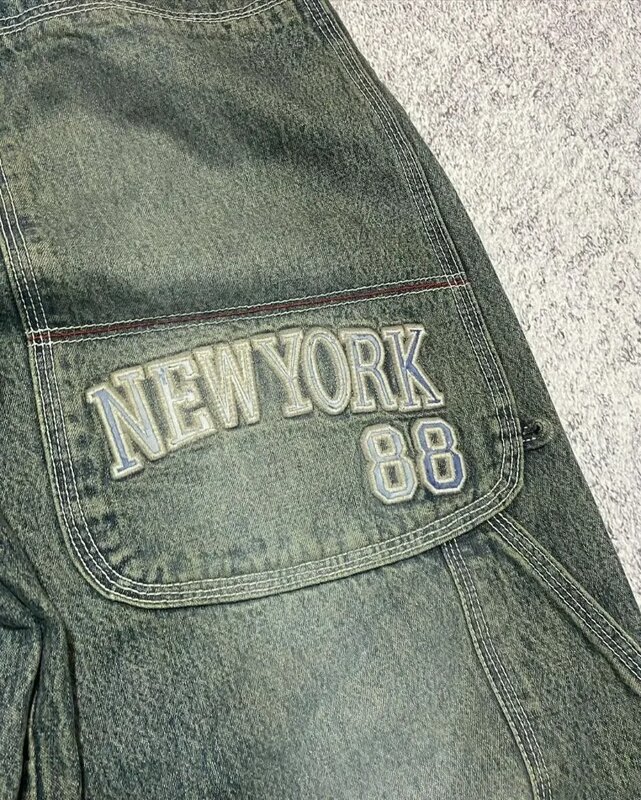 Американские ретро джинсы с надписью и высокой талией женские уличные хип-хоп Harajuku на пуговицах повседневные широкие брюки в стиле Харадзюку для мужчин