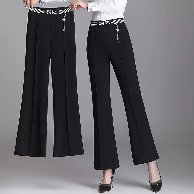 Damska moda biurowa spodnie Flare koreańska, wiosenna jesień kobiety wysoki stan prosta w jednolitym kolorze kieszeń Slim wszechstronny spodnie typu Casual Z252