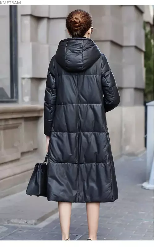 Jaqueta de pele de carneiro real feminina, com capuz solto, casacos longos, linha A, casual, genuína, inverno