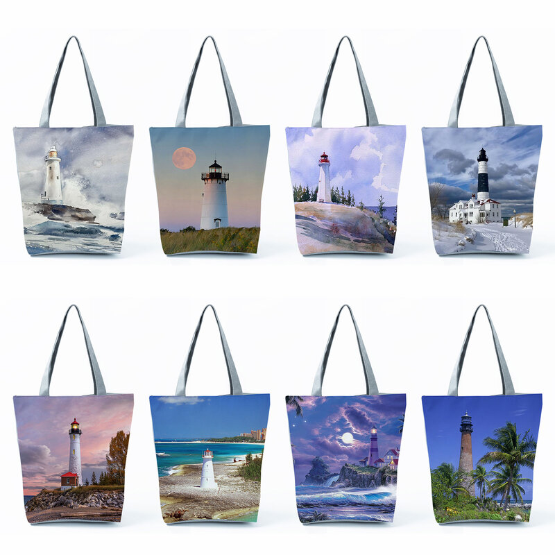 女性のための再利用可能なカジュアルな灯台グラフィックデザインのハンドバッグ、ショルダーバッグ、ショッピングバッグ、美しい風景プリント、エココ、大容量