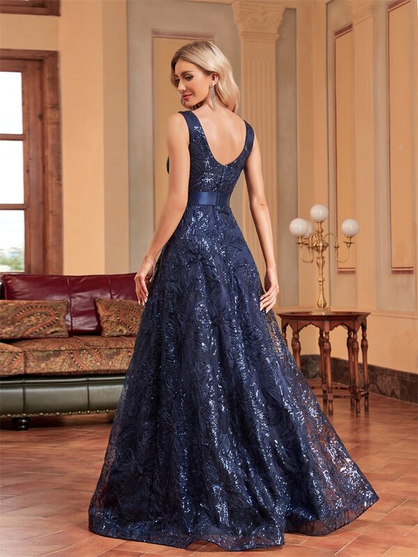 Lucyinlove luksusowa seksowna z głębokim dekoltem w serek z cekinami niebieska suknia wieczorowa kobiet elegancka suknia koktajlowa na przyjęcie weselne w kształcie litery V