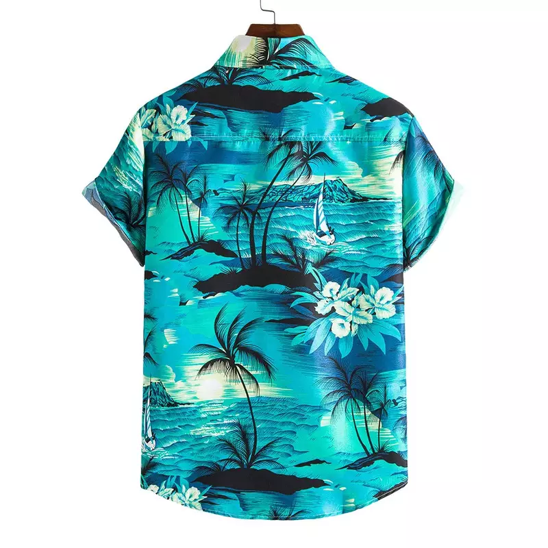 Camisa estampada com padrão de coqueiro masculina, casual de praia, roupa de manga curta, moda havaiana, 2024