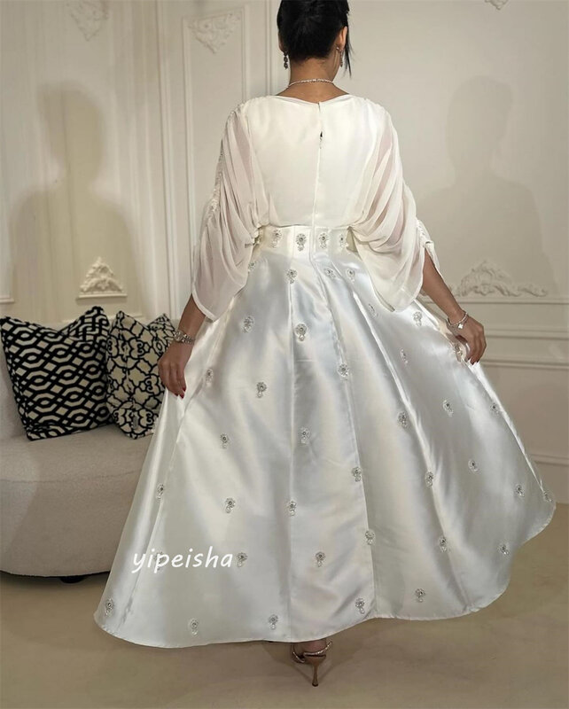 Gaun Prom Arab Saudi Satin terbungkus Applique Pleat Gaun malam A-line V-Neck Bespoke gaun acara gaun lengan panjang
