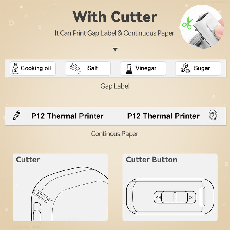 Impresora térmica de etiquetas P12, máquina de impresión Portátil con Bluetooth, autoadhesiva, de bolsillo, con cinta de etiquetas continua