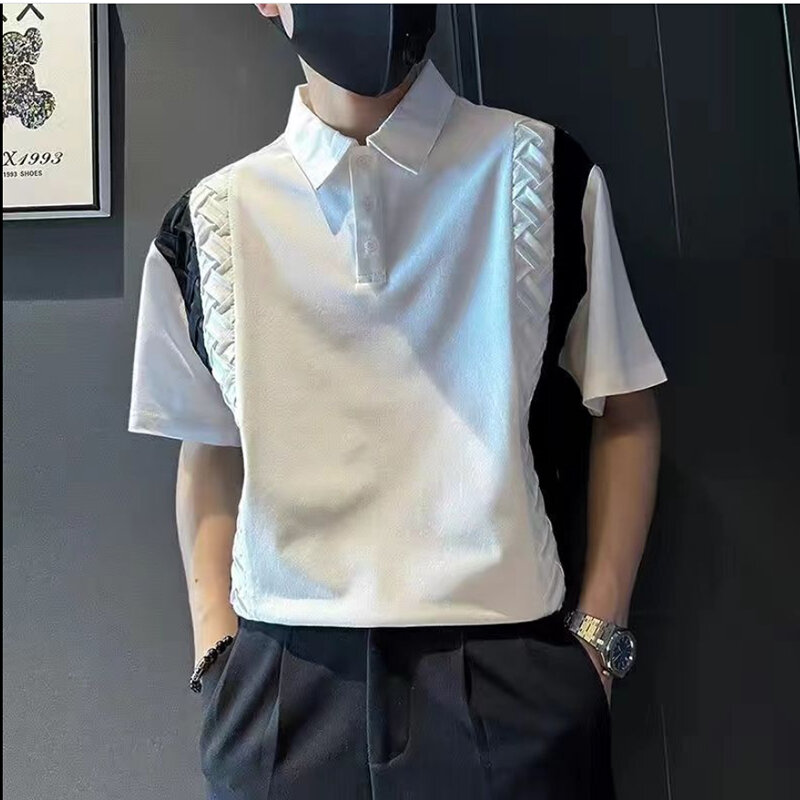 Fashion Lapel Button Spliced Casual Short Sleeve Polo Shirts Men Clothing 2024 Summer New Loose All-match Tops Korean Tee Shirt
