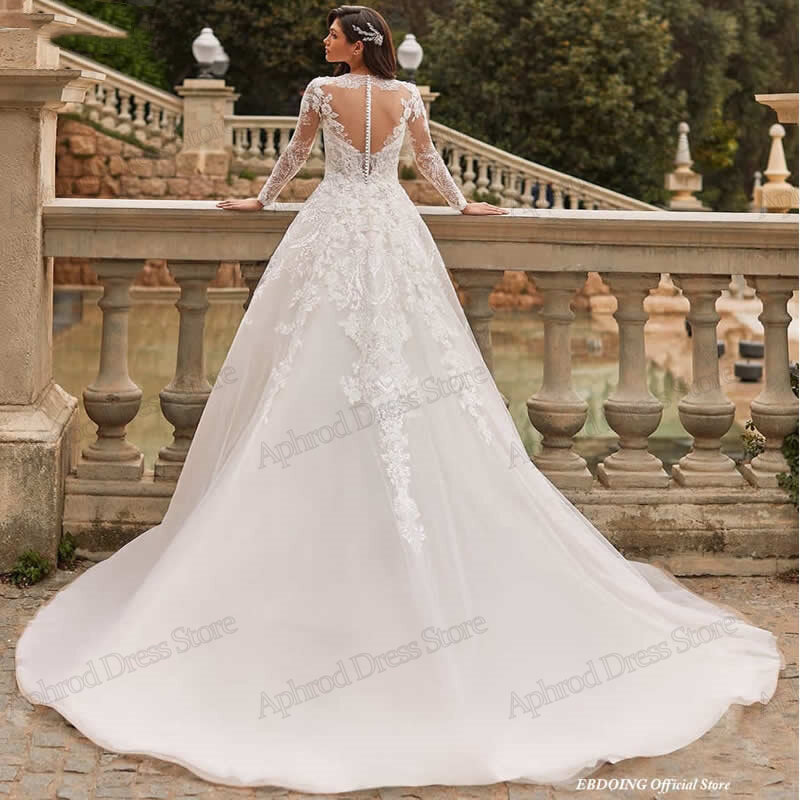 Gaun pernikahan sederhana gaun pengantin lengan penuh leher-o gaun pengantin renda applique jubah panjang lantai untuk pengantin glamor Vestidos De Novia