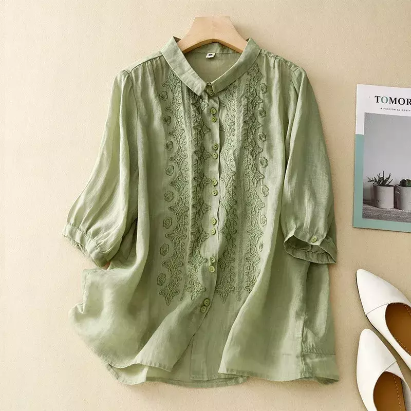 Camisa bordada de estilo chino para mujer, blusa Vintage de lino y algodón, ropa holgada de manga corta, Top coreano 2024