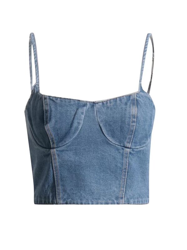 Sutiã jeans de costas estilo peito para mulheres, suspensão curta sem alças, regata pequena para externo, primavera e outono, estilo americano