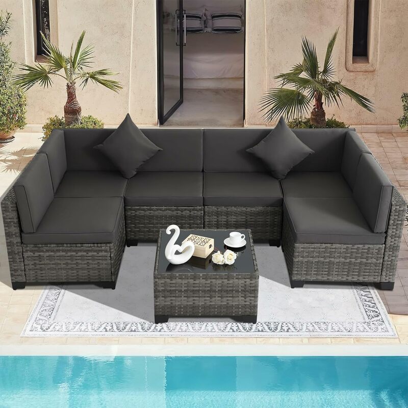 Terrasmeubilair Sets Outdoor Patio Meubelen Conversatieset, All-Weather Pe Rotan Sectional Sofa Met Kussens En Glazen Tafel