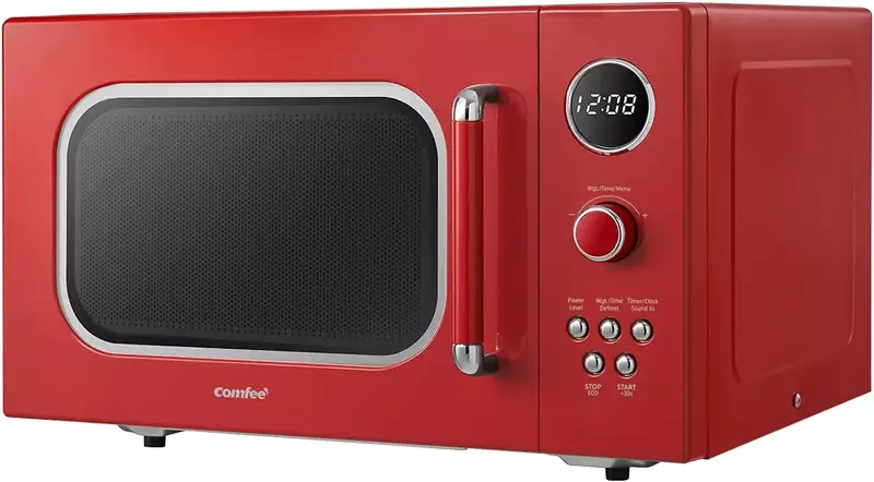 Microwave Retro dengan memasak multi-tahap cepat, fungsi Reset meja putar pengatur waktu dapur, fungsi bisu 900W, merah