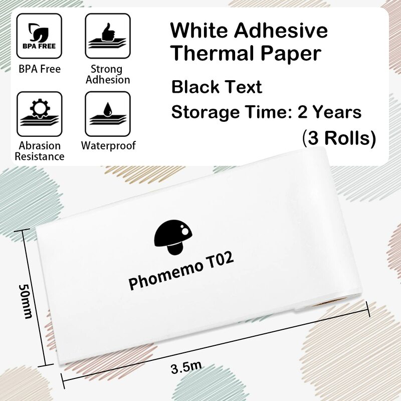 Phomemo T02 Thermal Paper Sticker Paper Self-adhesive Printer Paper White for M02X T02 Mini Labeler Keep for 2/5/10 Year 3 Rolls