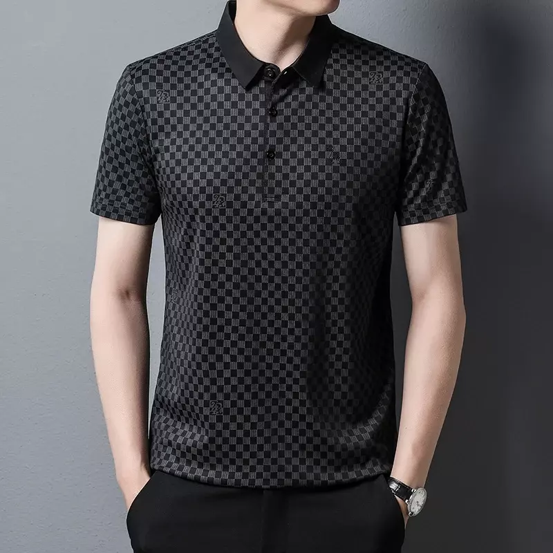 Summer Ice Silk Cool and Breathable Fashion Checkered Polo Shirt Men's Short Sleeves