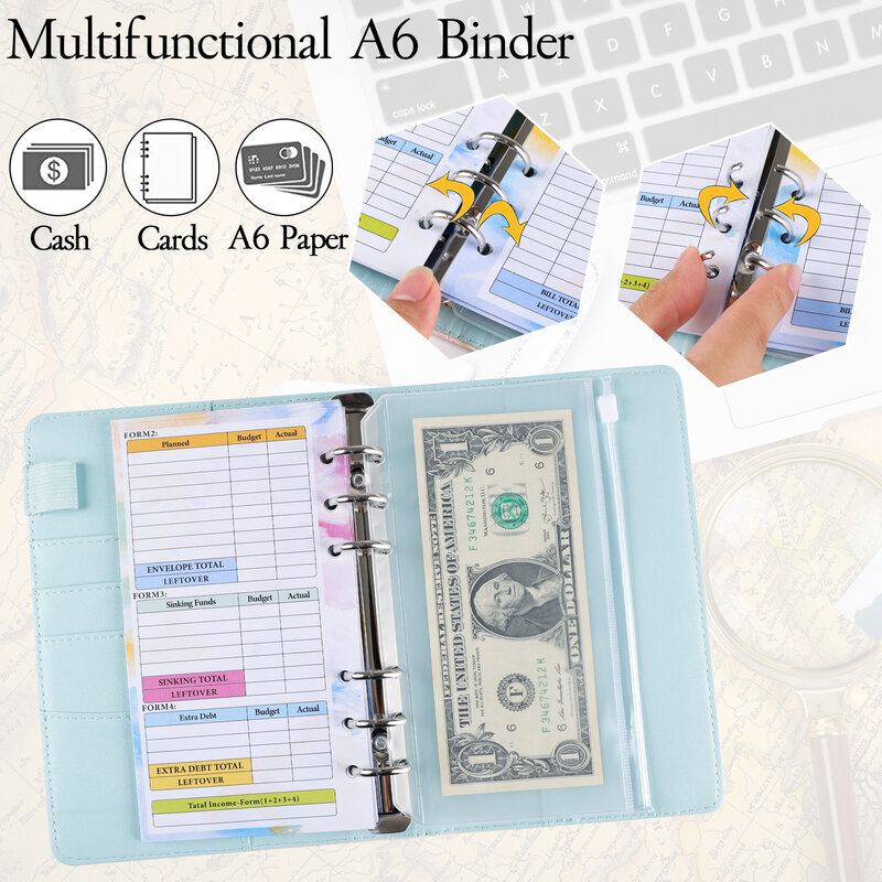 A6 skórzany budżet notatnik Planner Cash koperty zestaw portfela, z kieszeniami na segregatory do przechowywania pieniędzy
