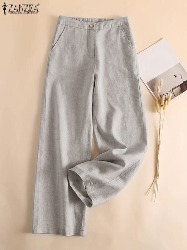 ZANZEA celana panjang kaki lebar wanita, celana kerja 2024 katun Palazzo Vintage pinggang elastis musim panas OL elegan