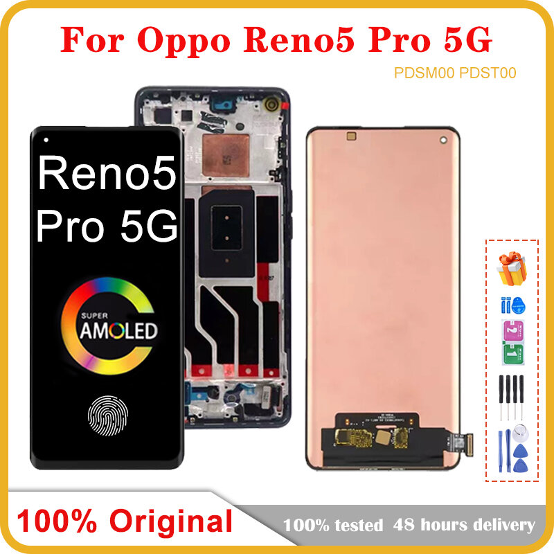 AMOLED asli 6.55 inci, untuk Oppo Reno5 Pro layar tampilan LCD Digitizer sentuh untuk Reno 5 Pro 5G edisi EU PDSM00 CPH2201