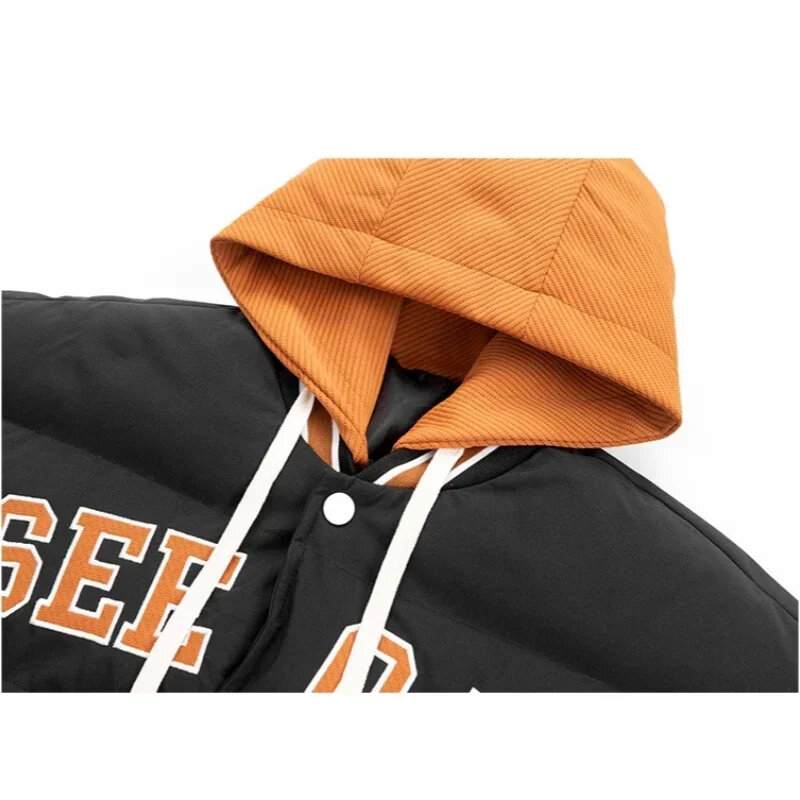 Fashion Trend Thickened Fake Two-piece Coat Letter Pattern Stitching Contrast Color Male American Waterproof Hooded Parka