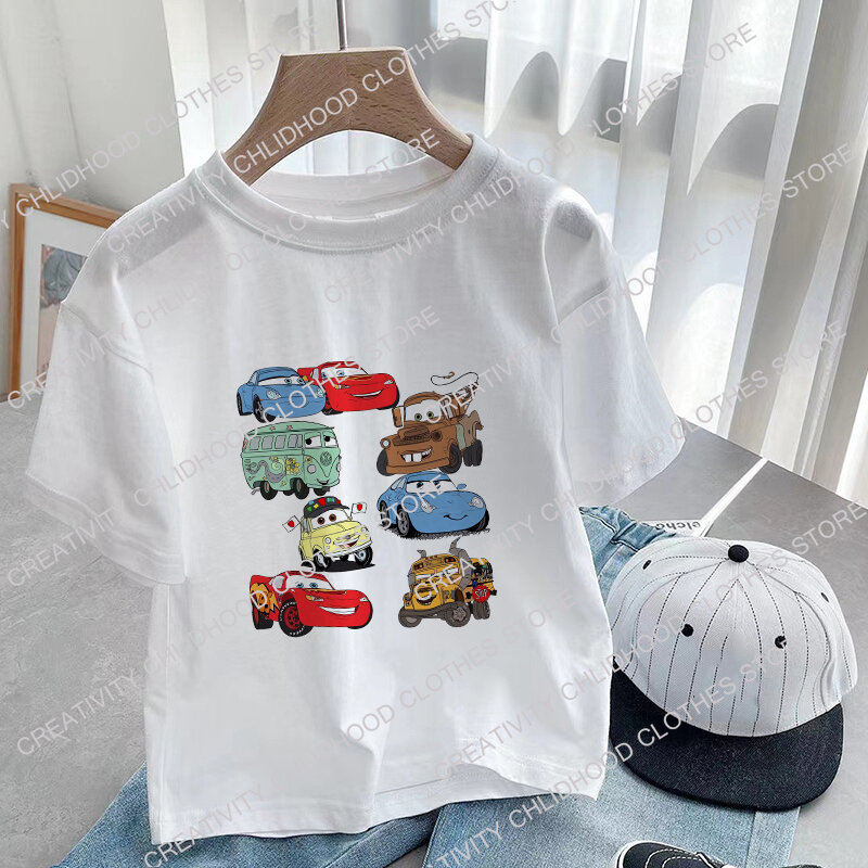 Camiseta de manga curta infantil para carros Disney, tops de anime kawaii para menino e menina, camisetas com desenhos animados Relâmpago McQueen, roupas casuais para criança