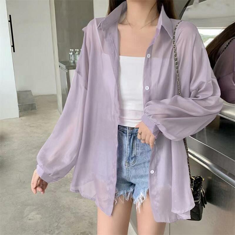 Stylish Perspective Thin Type Shawl Sunscreen Shirt Cardigan Solid Color Buttons Placket Sunscreen Outwear Female Clothing