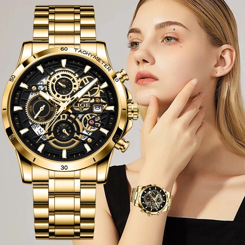 LIGE jam tangan wanita, jam tangan wanita mewah merek terkenal Quartz kronograf olahraga mode 2023