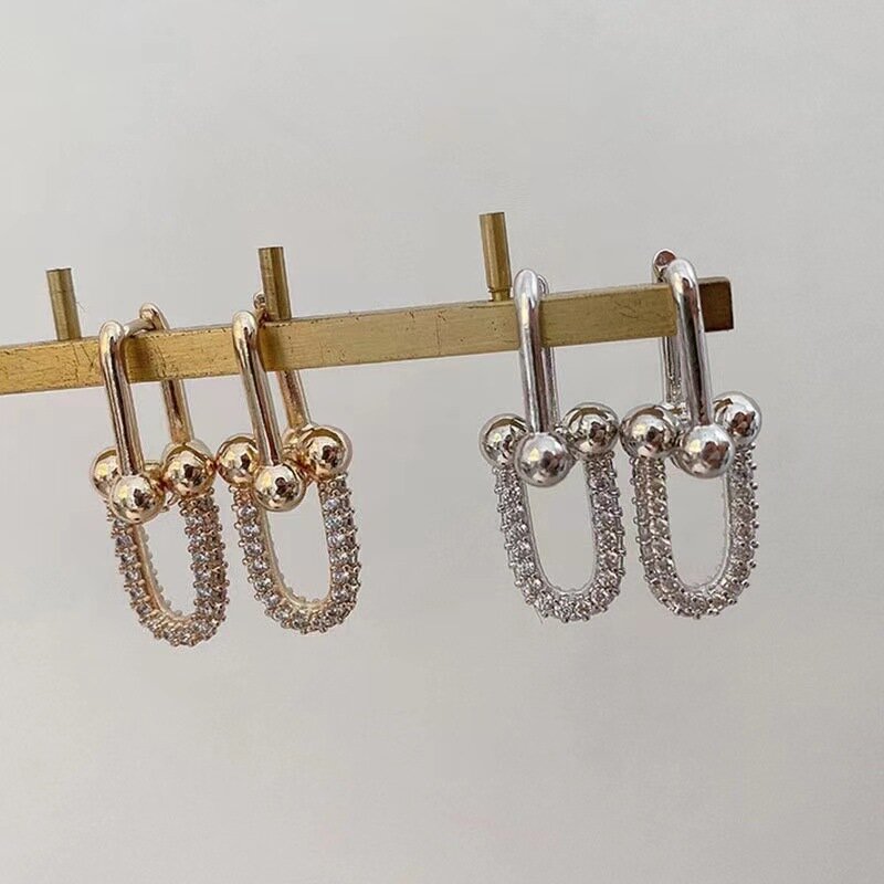 ANENJERY Shiny Zircon Metal Double U Shape Hoop Earrings for Women Girl Elegant Thick Link Stylish Hiphop Party Jewelry