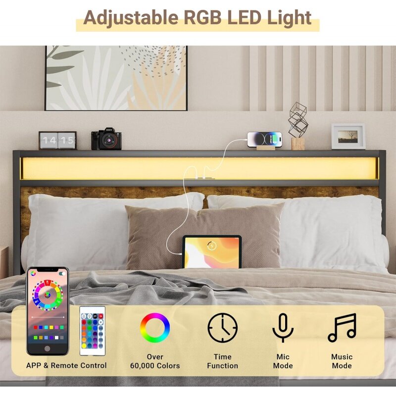 Struttura del letto matrimoniale con striscia di luci a LED RGB, testiera di archiviazione con USB integrato e stazione di ricarica per prese elettriche, Queen-S