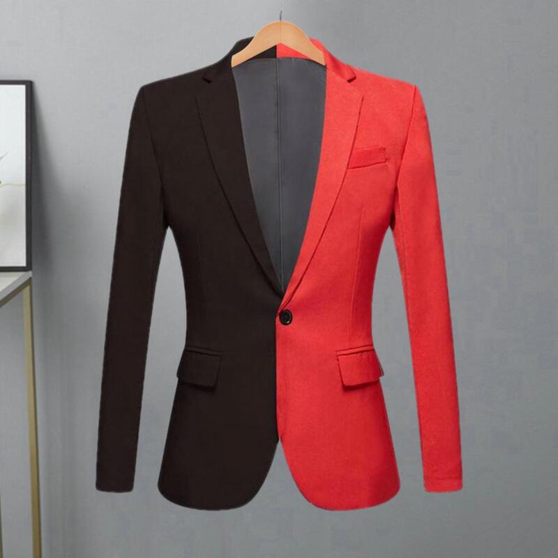Casaco de terno de cor contrastante masculino, retalhos, lapela, manga comprida, bolsos com aba, botão único, jaqueta justa, primavera, outono
