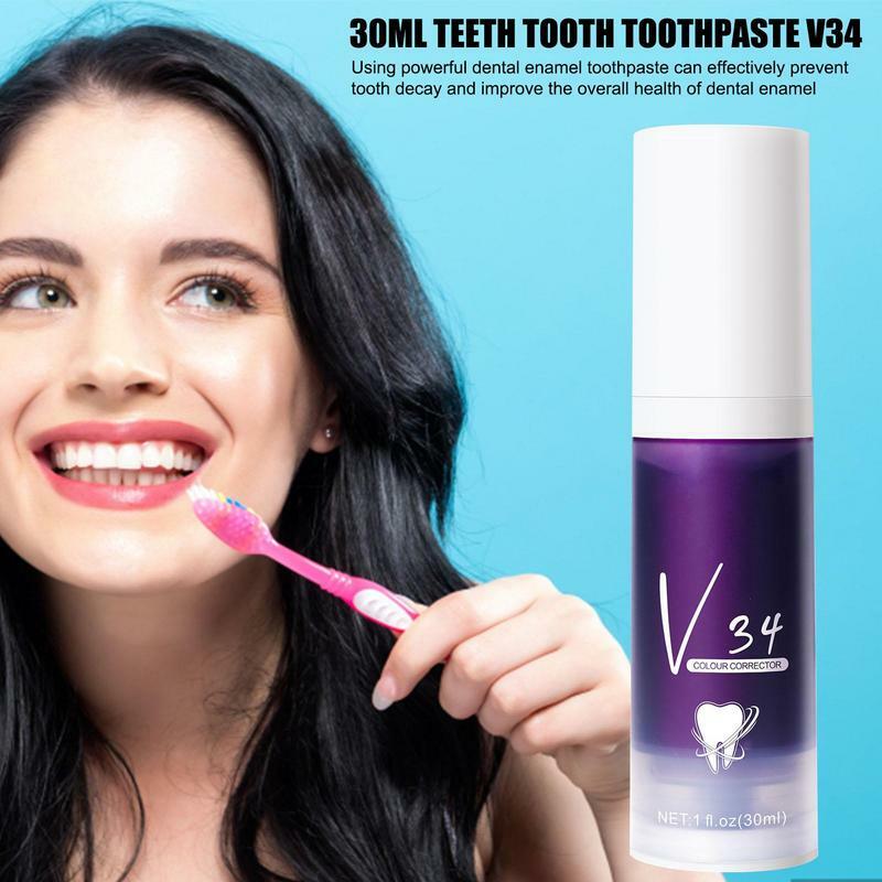 Pasta de dientes blanqueadora púrpura, Corrector de brillo de Color, pasta de dientes, eliminación de manchas intensivas, Reduce el amarillo