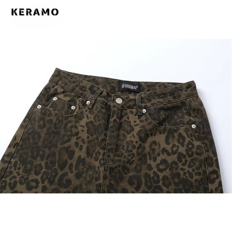 American Retro Leopard Print Jean Pants Women High Waist Straight Pant Oversized Streetwear Hip Hop Wide Leg 2024 Classic