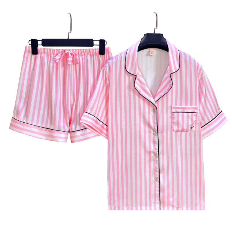 2024 Summer Pijama Women's New Pink Stripe Small V Ice Silk Pajamas Women's Cardigan Home Wear Sweet Sleepwear Shorts Set