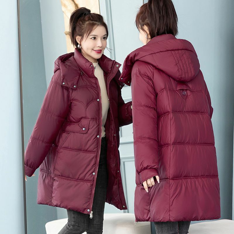 Jaket Down wanita, mantel Musim Dingin versi panjang sedang parka tebal hangat bertudung waktu santai 2023