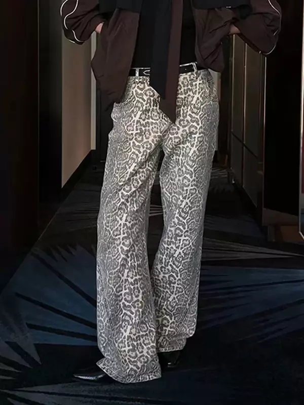Jeans vintage com estampa leopardo cintura alta para mulheres, novo streetwear clássico Harajuku Y2K casual calça solta, calça feminina simples, básica