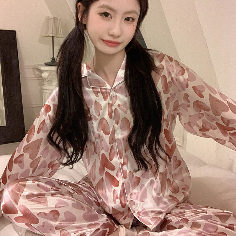 Set pigiama donna primavera autunno 2 pezzi stampa cuore pigiama tasca Faux Silk Satin Sleepwear manica lunga Pijama Mujer Pjs Homewear