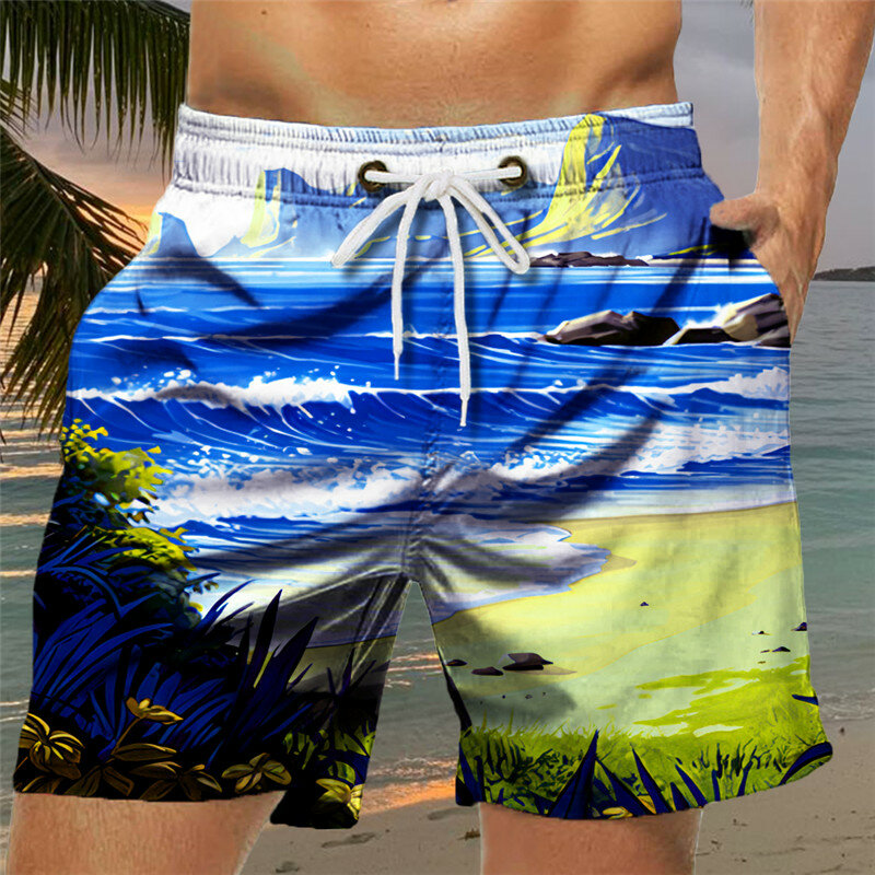 Pakaian pantai tali serut pria Perdagangan Luar Negeri cetakan pantai kelapa Hawaii pakaian pantai kasual modis cetak digital 3d pria dan