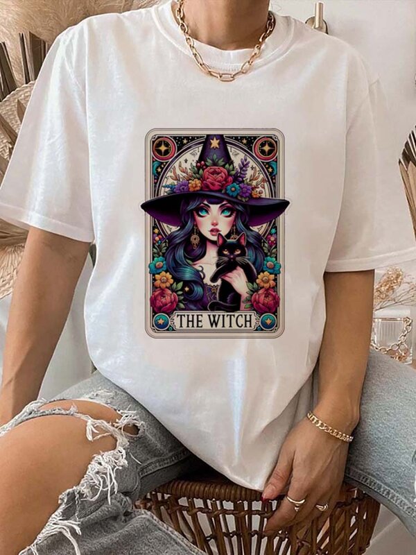 Camiseta de manga corta de la bruja para mujer, Camiseta con estampado de acuarela, patrón de dibujos animados, camiseta de calle con cuello redondo, Top de moda