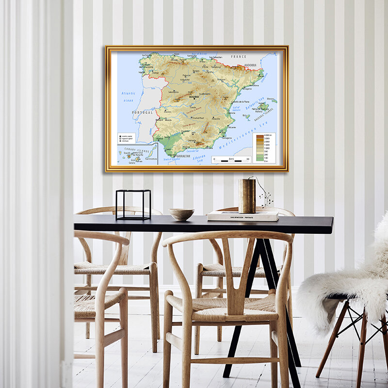 90*60Cm Peta Spanyol Orographic Non-woven Kanvas Lukisan Dinding Dekoratif Poster dan Cetakan Ruang Tamu Dekorasi Rumah