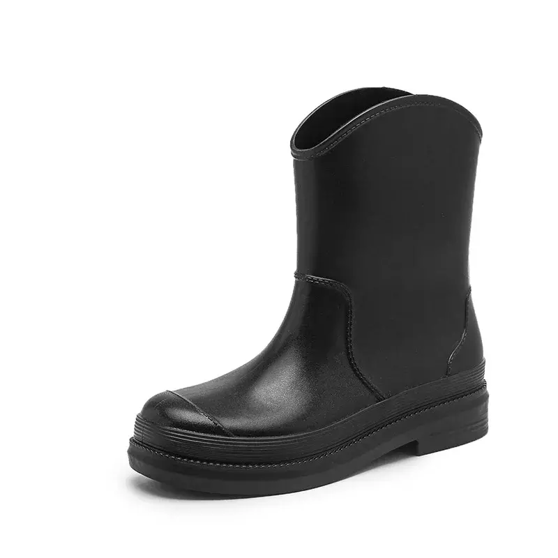 Sepatu bot hujan wanita, sepatu bot anti air musim semi/musim gugur Pvc panjang tumit rendah Slip-on Solid mode Non-slip 2024