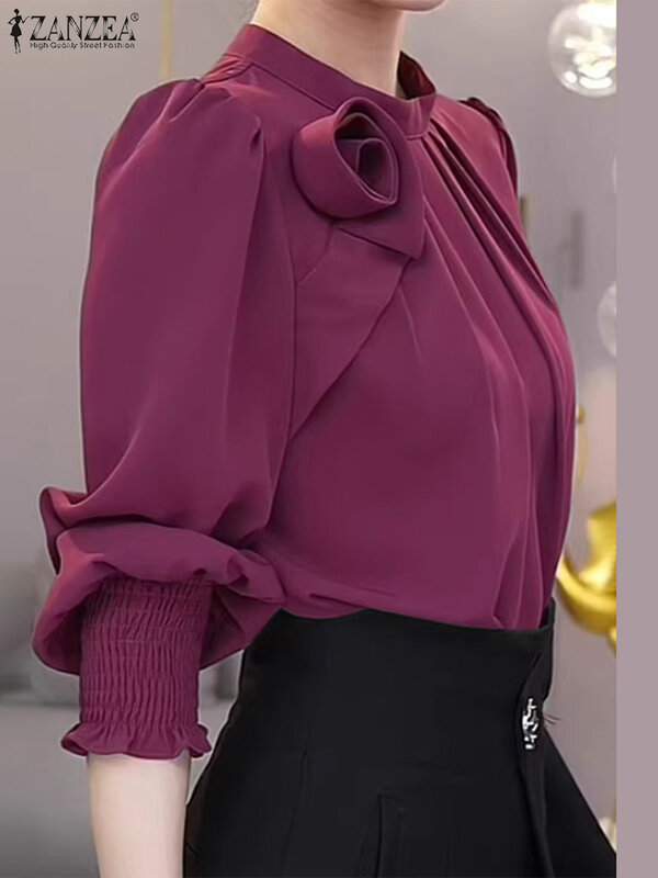 ZANZEA camicetta da festa in raso da donna camicetta Vintage con cuciture a fiori 3D 2024 Summer Office Stand Collar top Casual manica lunga Blusas