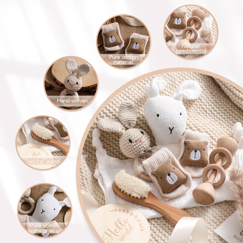 Baby doppelseitige Baumwoll decke Neugeborenen Bad Set Geschenk box Holz häkeln Rassel Bürsten Armband Handtuch für Baby party Geschenk