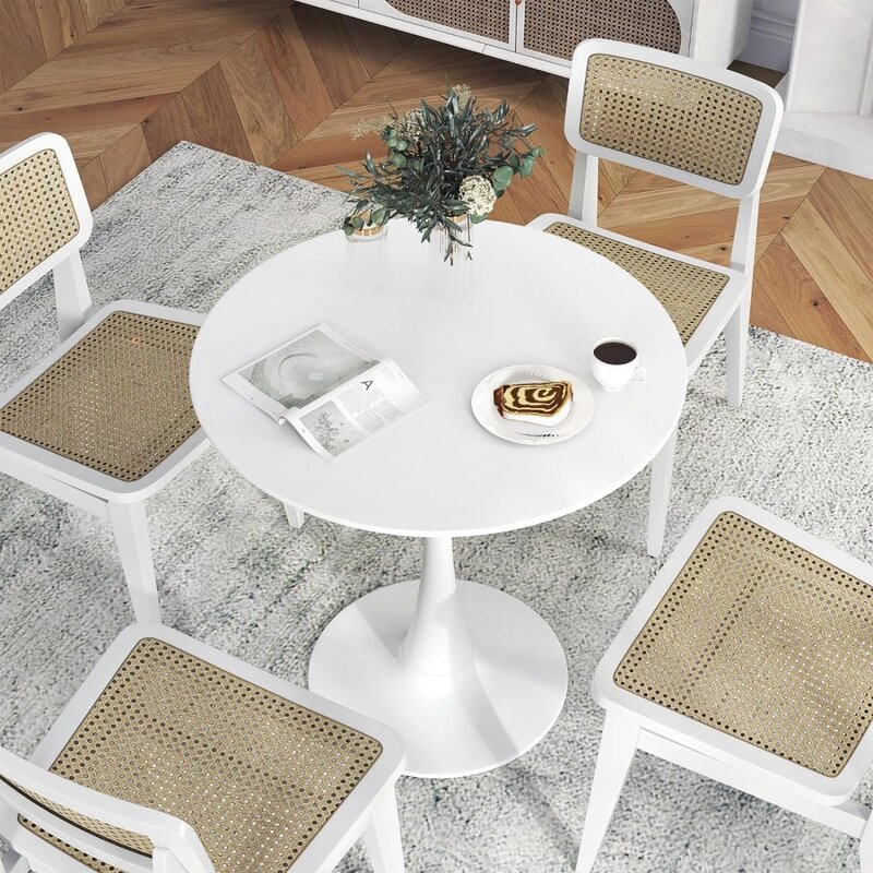 โต๊ะทานอาหารกลมสีขาว32นิ้วโต๊ะในครัวทิวลิปทันสมัยพร้อมโต๊ะหนา0.9นิ้วและแท่นโลหะทนทาน
