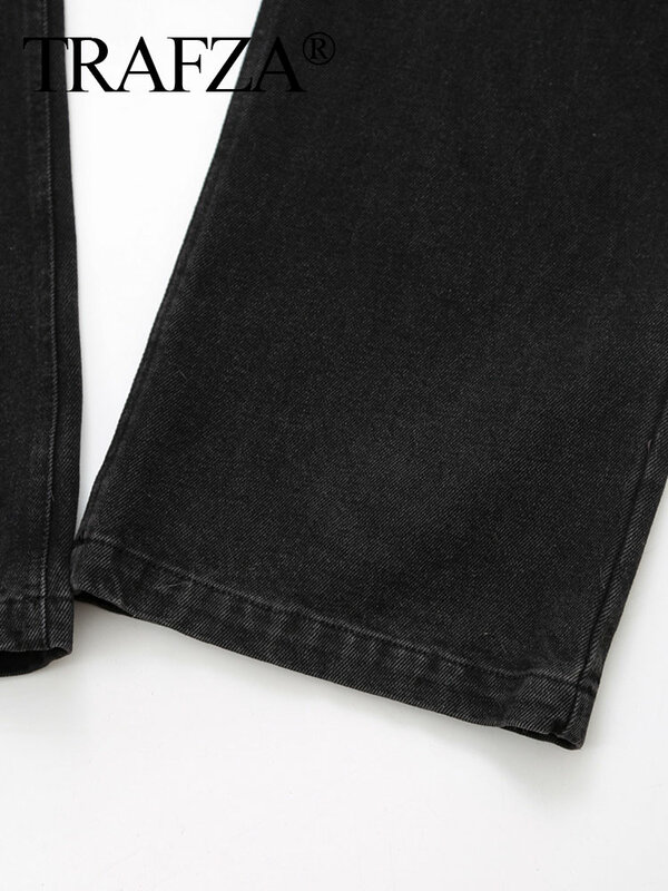 TRAFZA 2024 Spring Vintage Black Denim Pants Suit For Women Metal Straps Long Sleeves Jacket+High Waist Wide Leg Straight Jeans