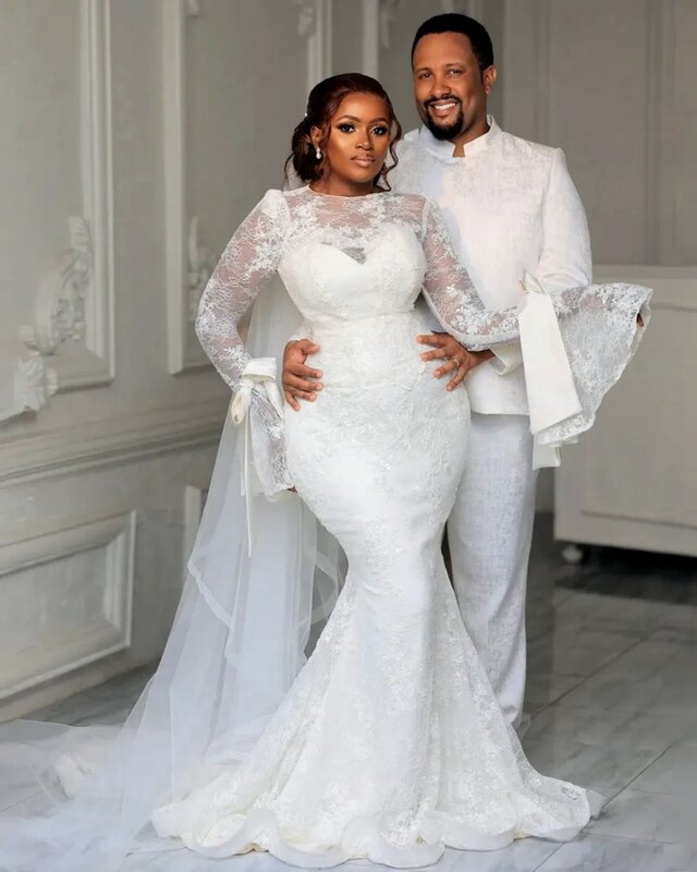 New Arab Wedding Dress For Women O-Neck Long Sleeves Lace Appliques Mermaid Floor-Length Vestidos de novia 2024 Bridal Gown